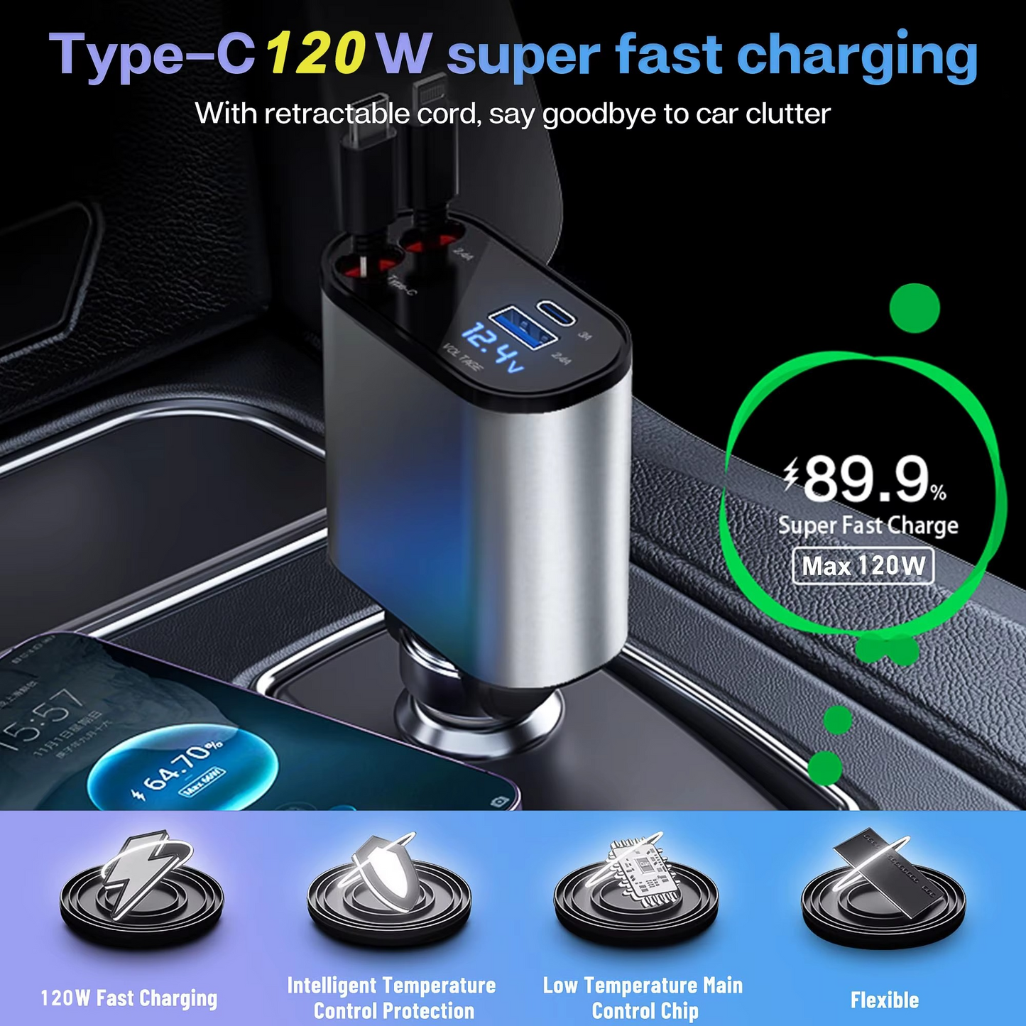 Retractable Car Charger Compatible with All Phones